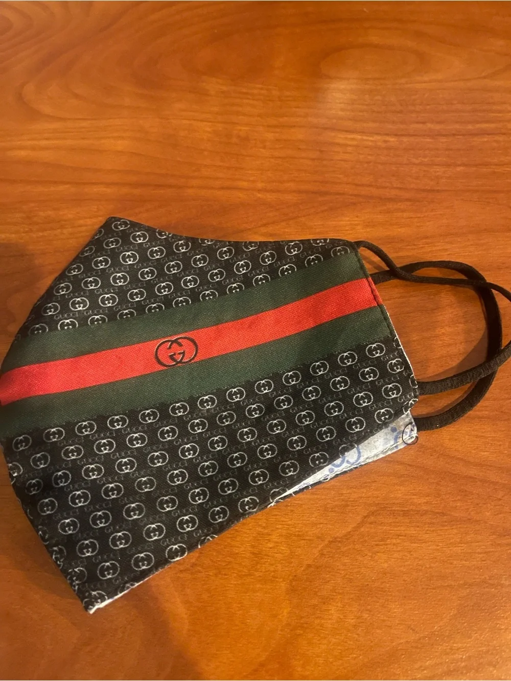 Designer Logo Stripe Face Mask - Black with Red & Green